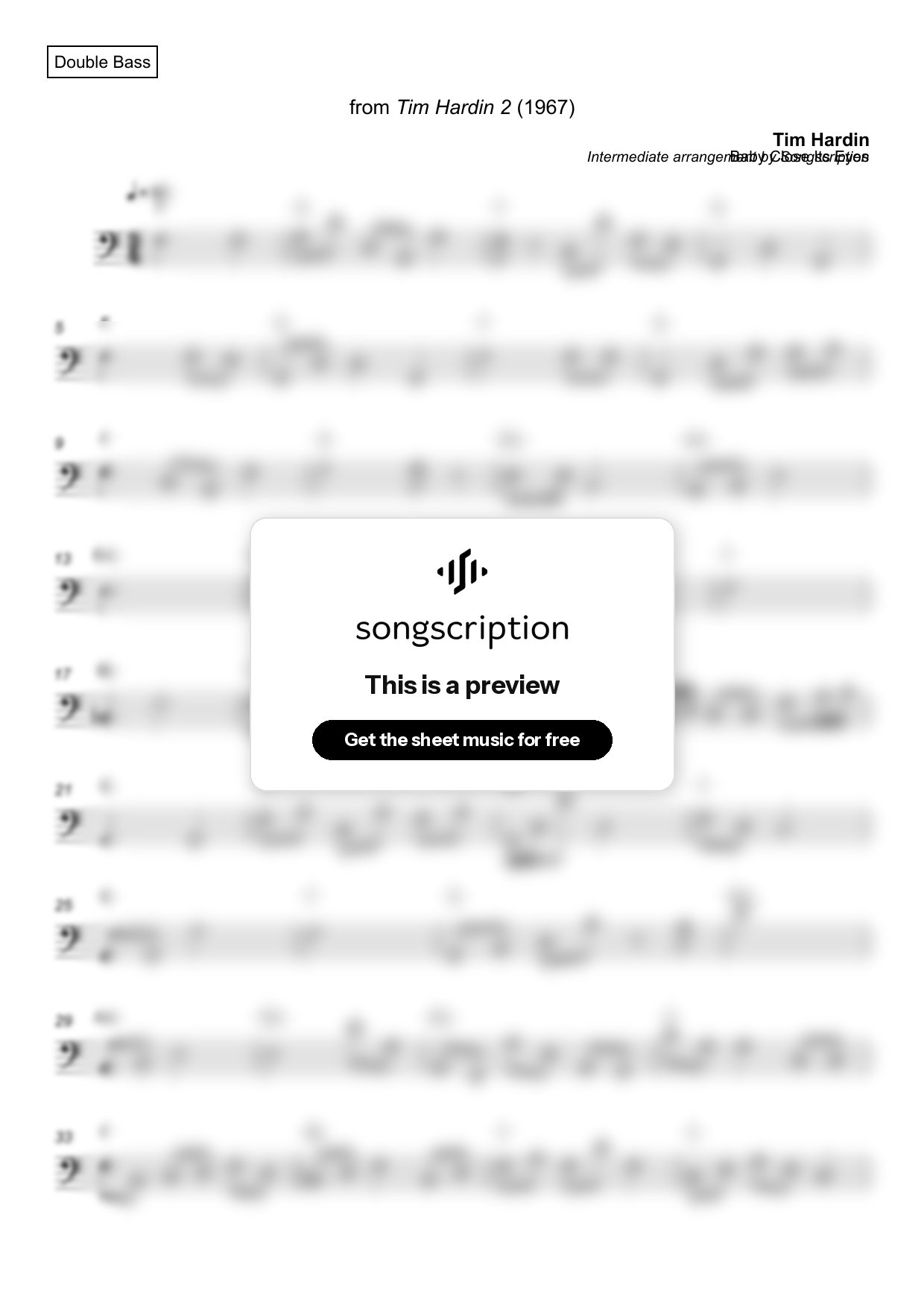 Intermediate Double Bass Sheet Music for "Baby Close Its Eyes" by Tim Hardin