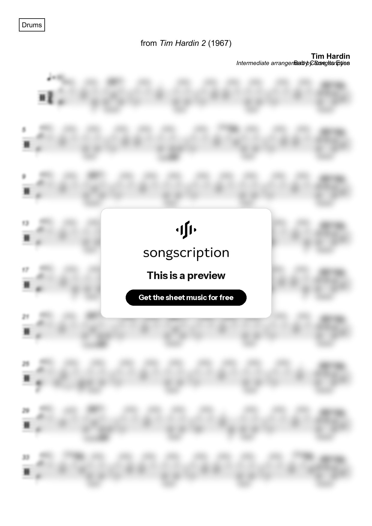 Intermediate Drums Sheet Music for "Baby Close Its Eyes" by Tim Hardin