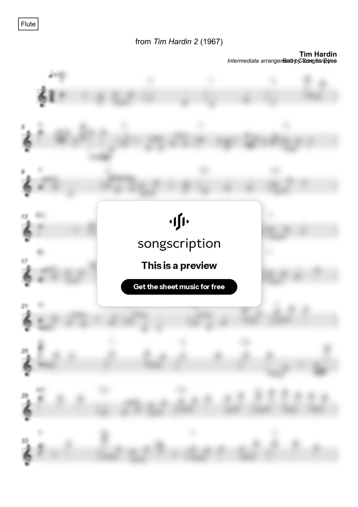 Intermediate Flute Sheet Music for "Baby Close Its Eyes" by Tim Hardin