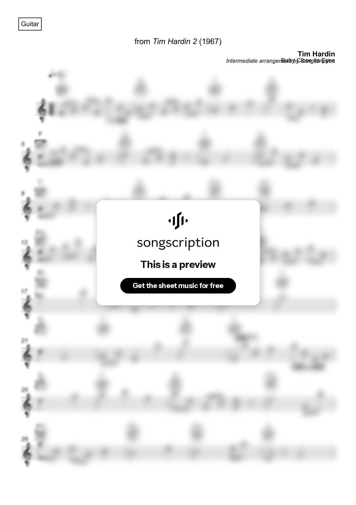 Intermediate Acoustic Guitar Sheet Music for "Baby Close Its Eyes" by Tim Hardin