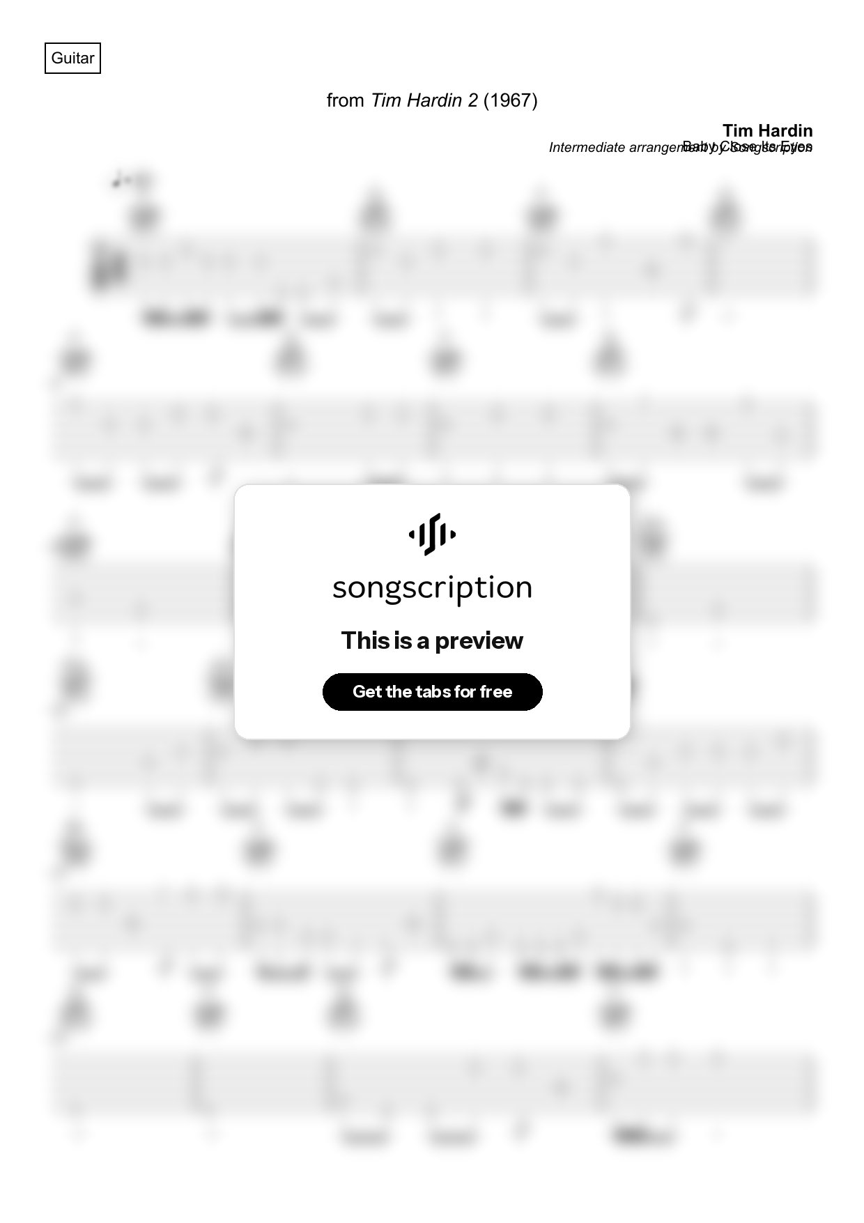 Intermediate Acoustic Guitar Tabs for "Baby Close Its Eyes" by Tim Hardin