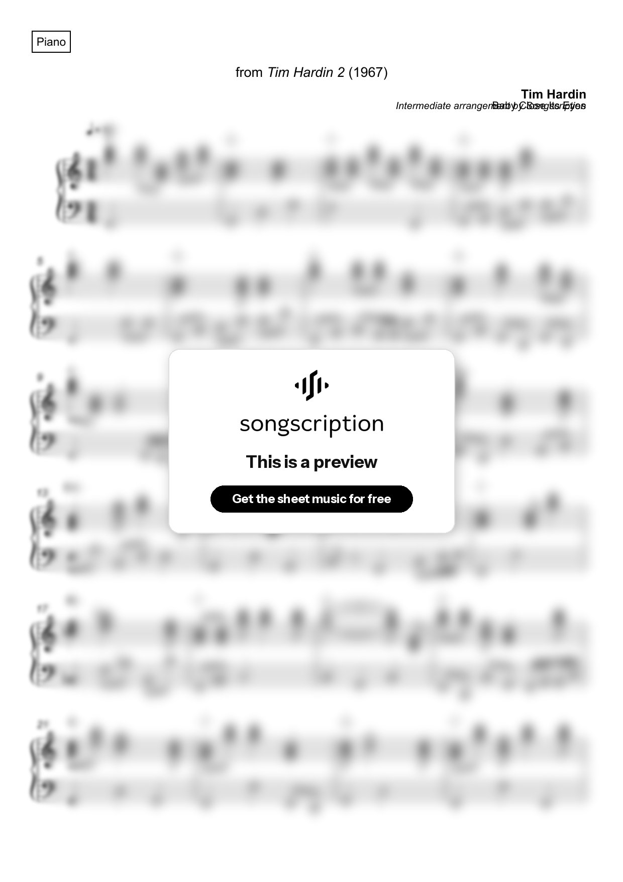 Intermediate Piano Sheet Music for "Baby Close Its Eyes" by Tim Hardin