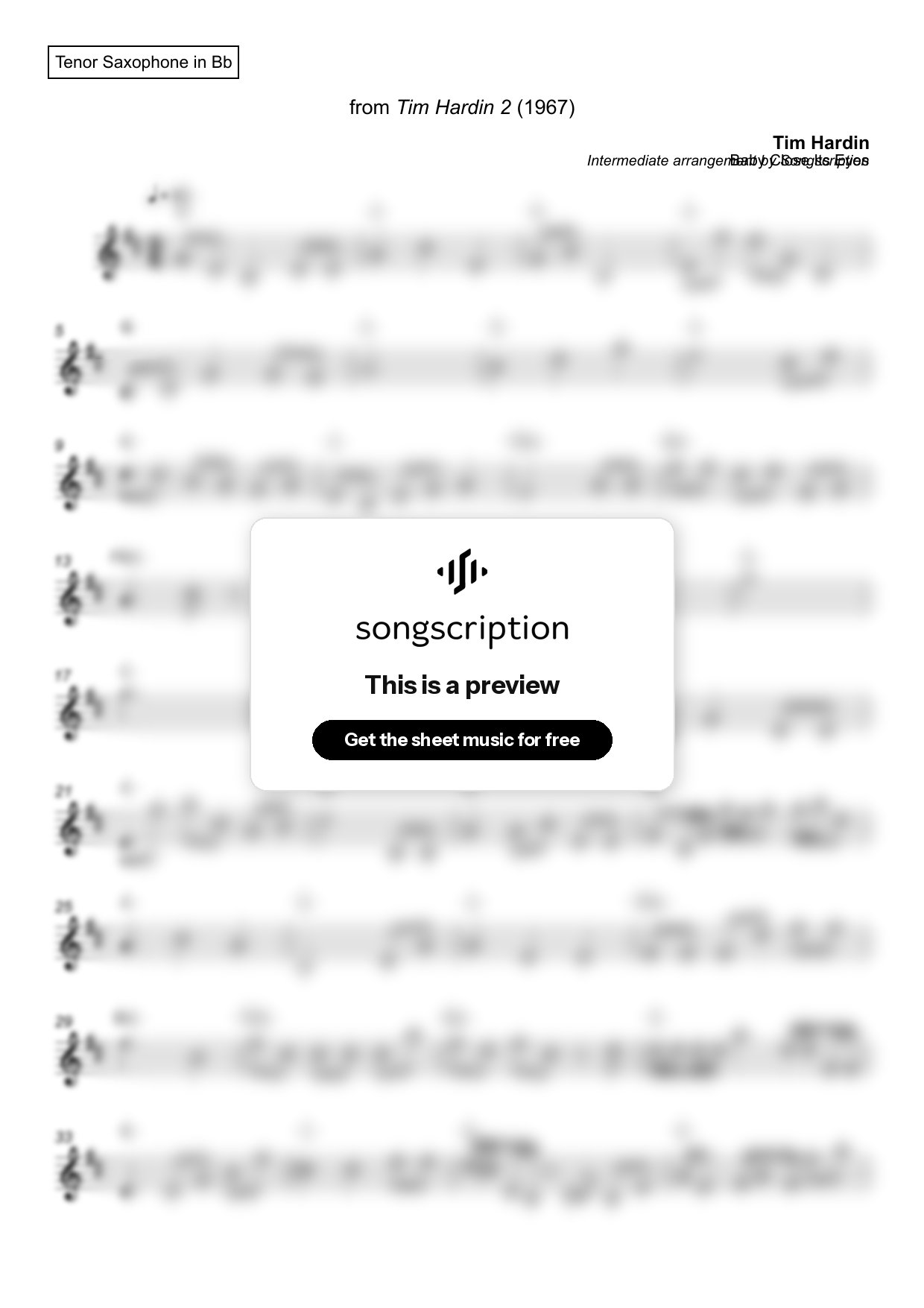 Intermediate Tenor Sax Sheet Music for "Baby Close Its Eyes" by Tim Hardin