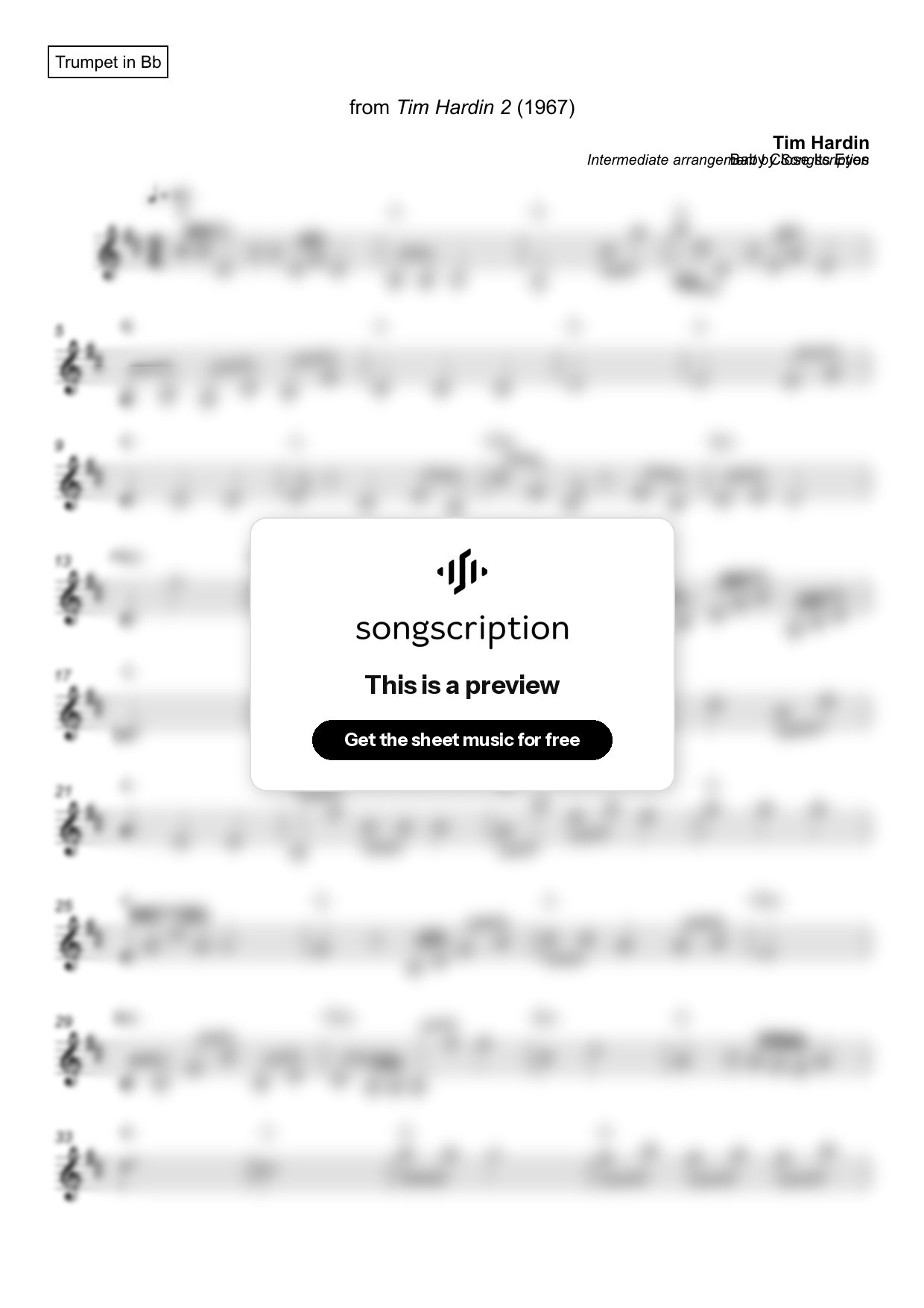 Intermediate Trumpet Sheet Music for "Baby Close Its Eyes" by Tim Hardin