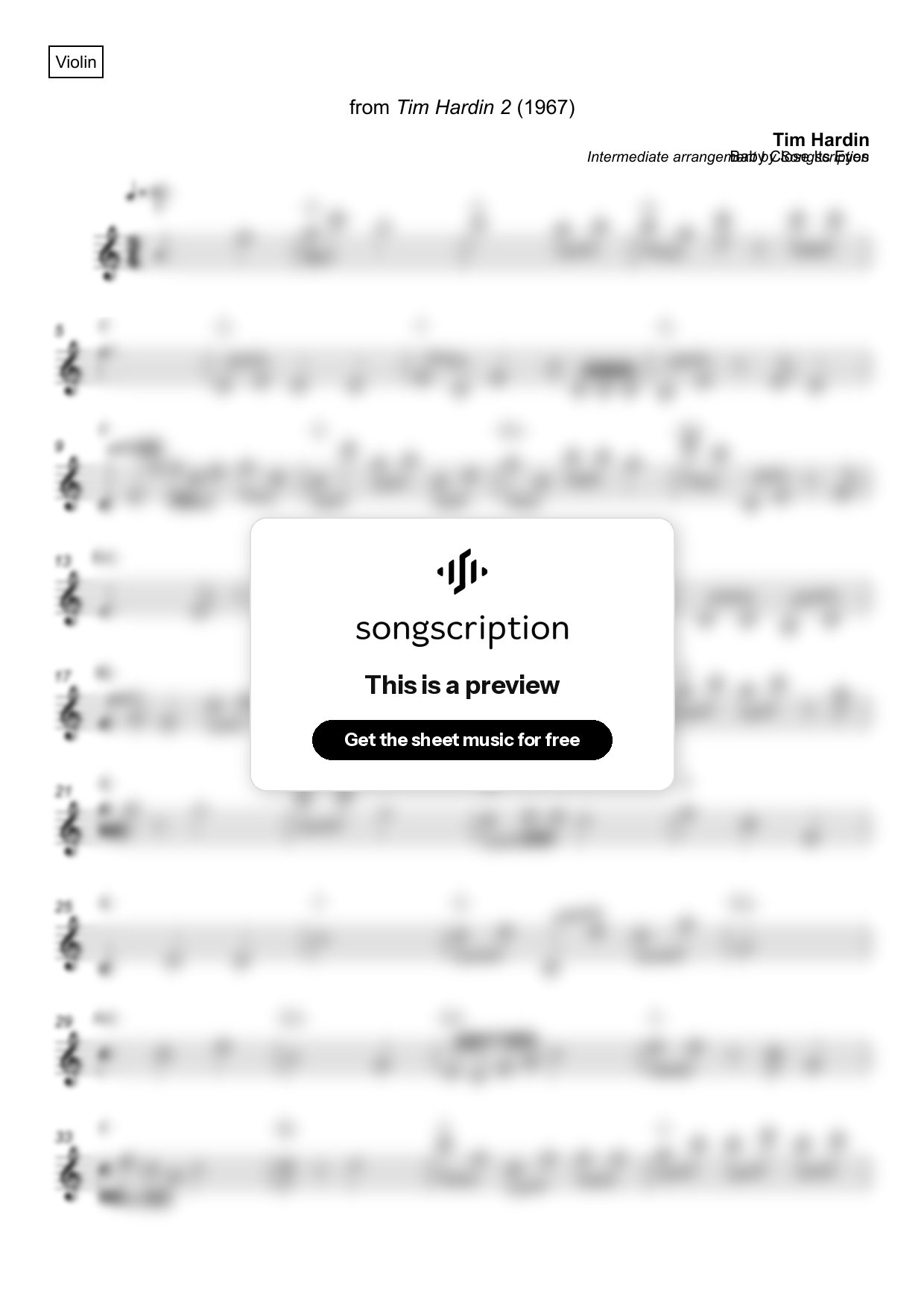 Intermediate Violin Sheet Music for "Baby Close Its Eyes" by Tim Hardin