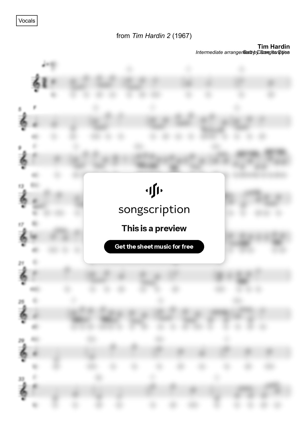 Intermediate Vocals Sheet Music for "Baby Close Its Eyes" by Tim Hardin