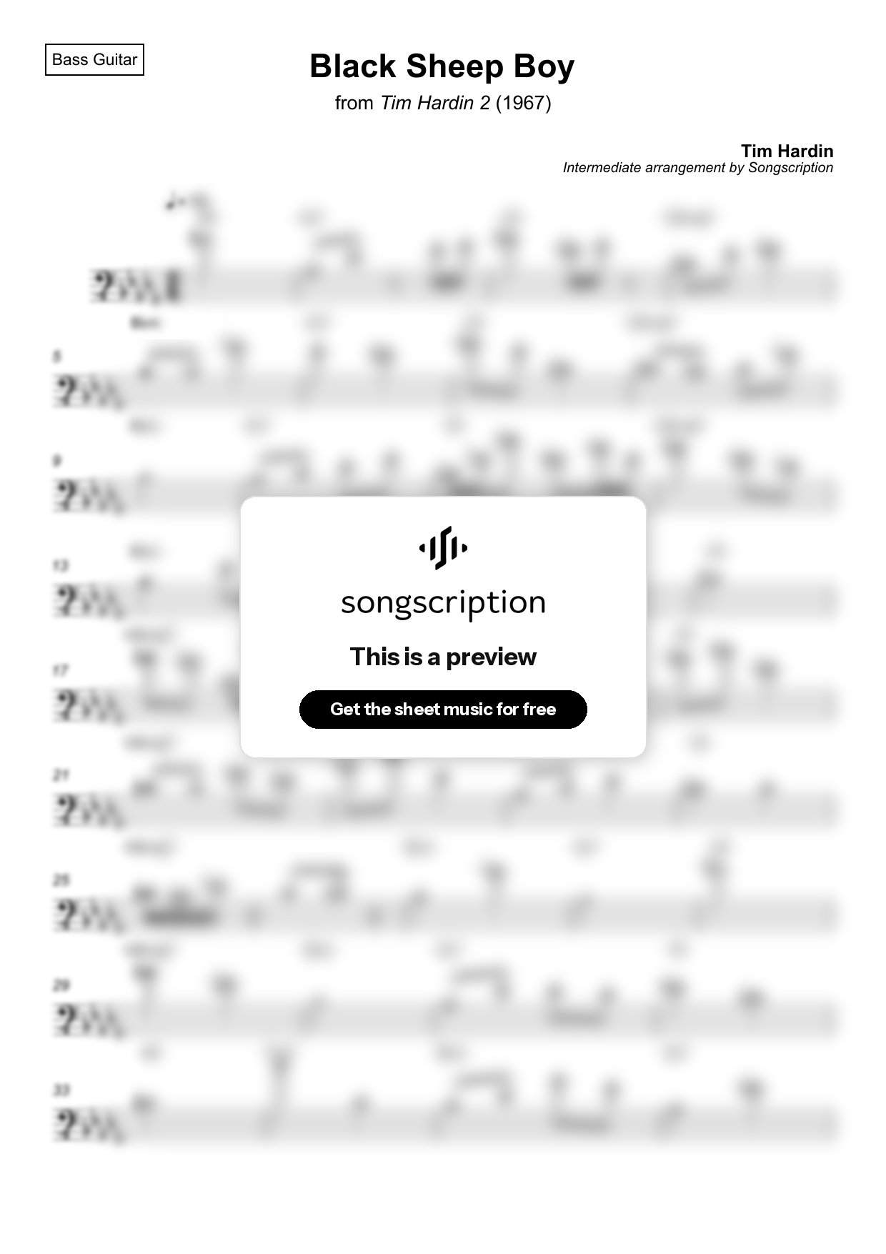 Intermediate Bass Guitar Sheet Music for "Black Sheep Boy" by Tim Hardin