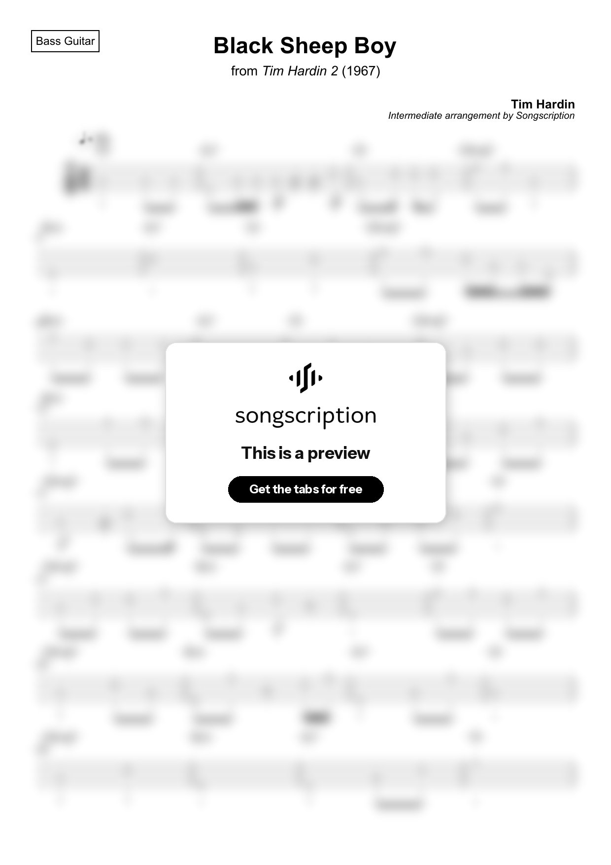 Intermediate Bass Guitar Tabs for "Black Sheep Boy" by Tim Hardin