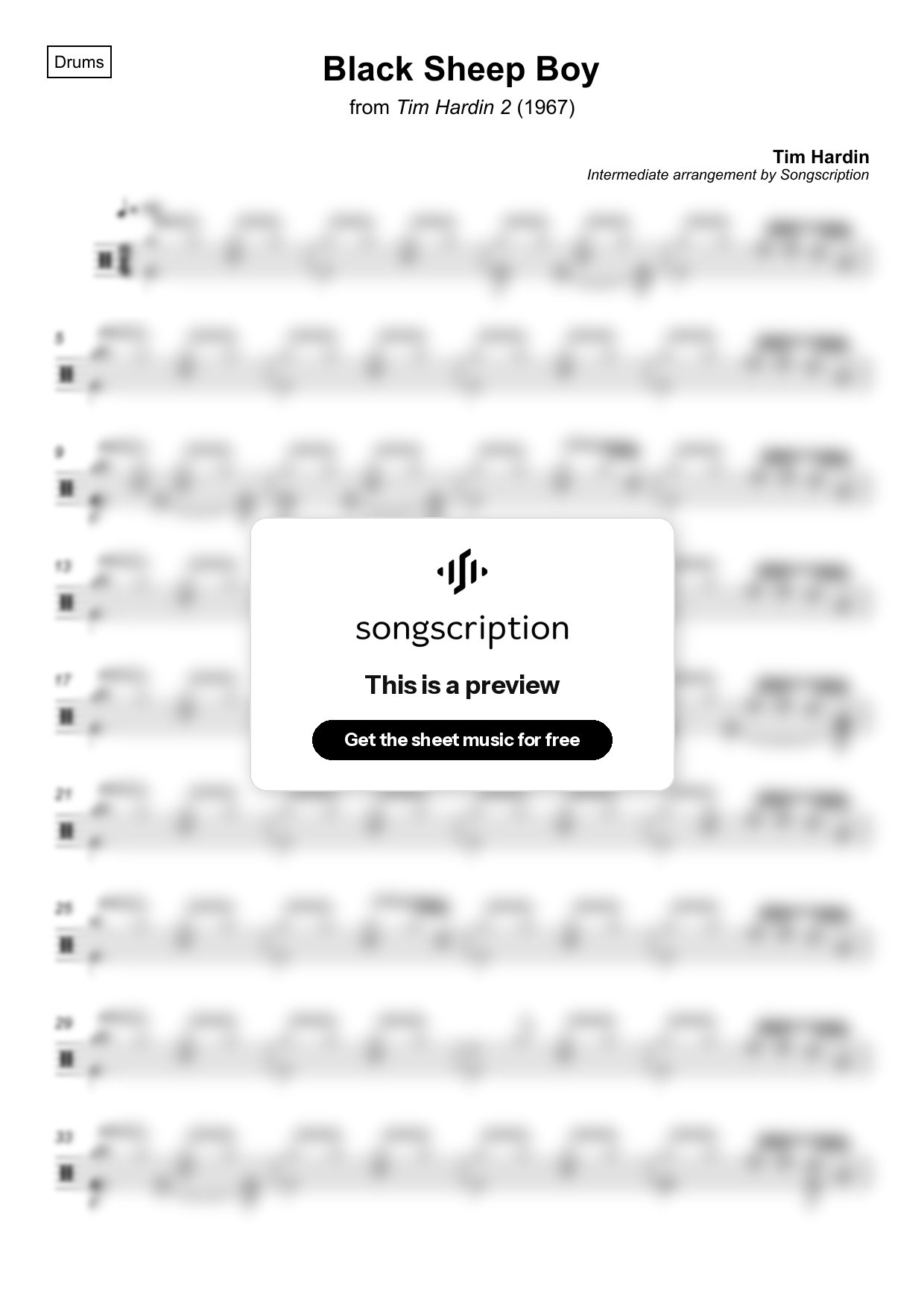 Intermediate Drums Sheet Music for "Black Sheep Boy" by Tim Hardin