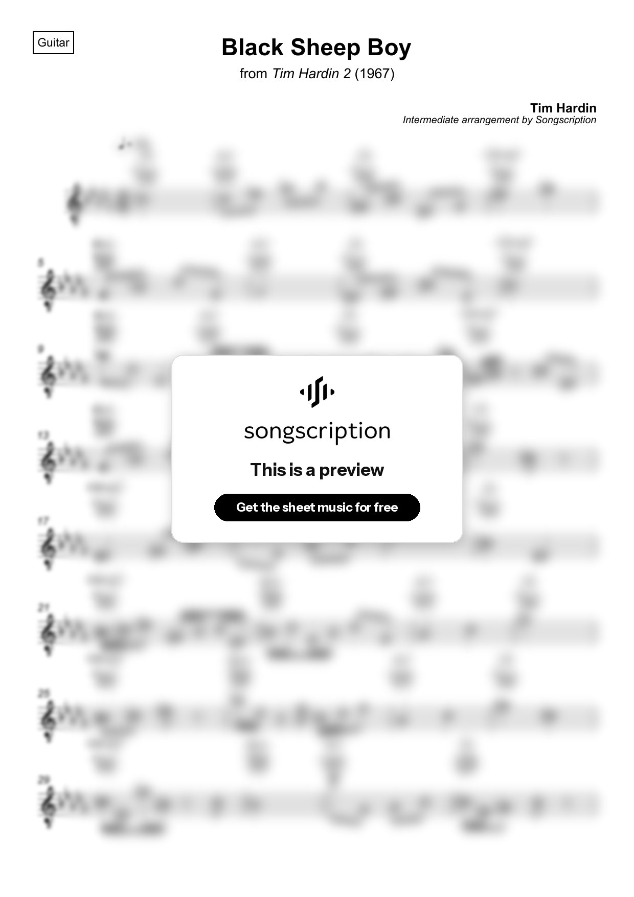 Intermediate Acoustic Guitar Sheet Music for "Black Sheep Boy" by Tim Hardin