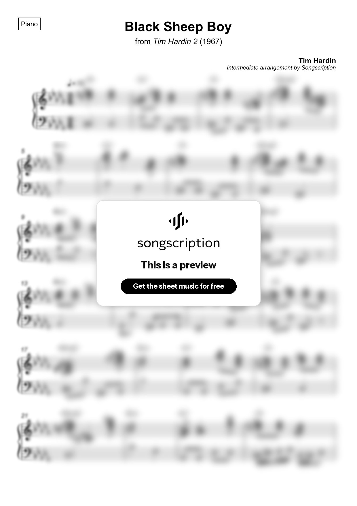 Intermediate Piano Sheet Music for "Black Sheep Boy" by Tim Hardin