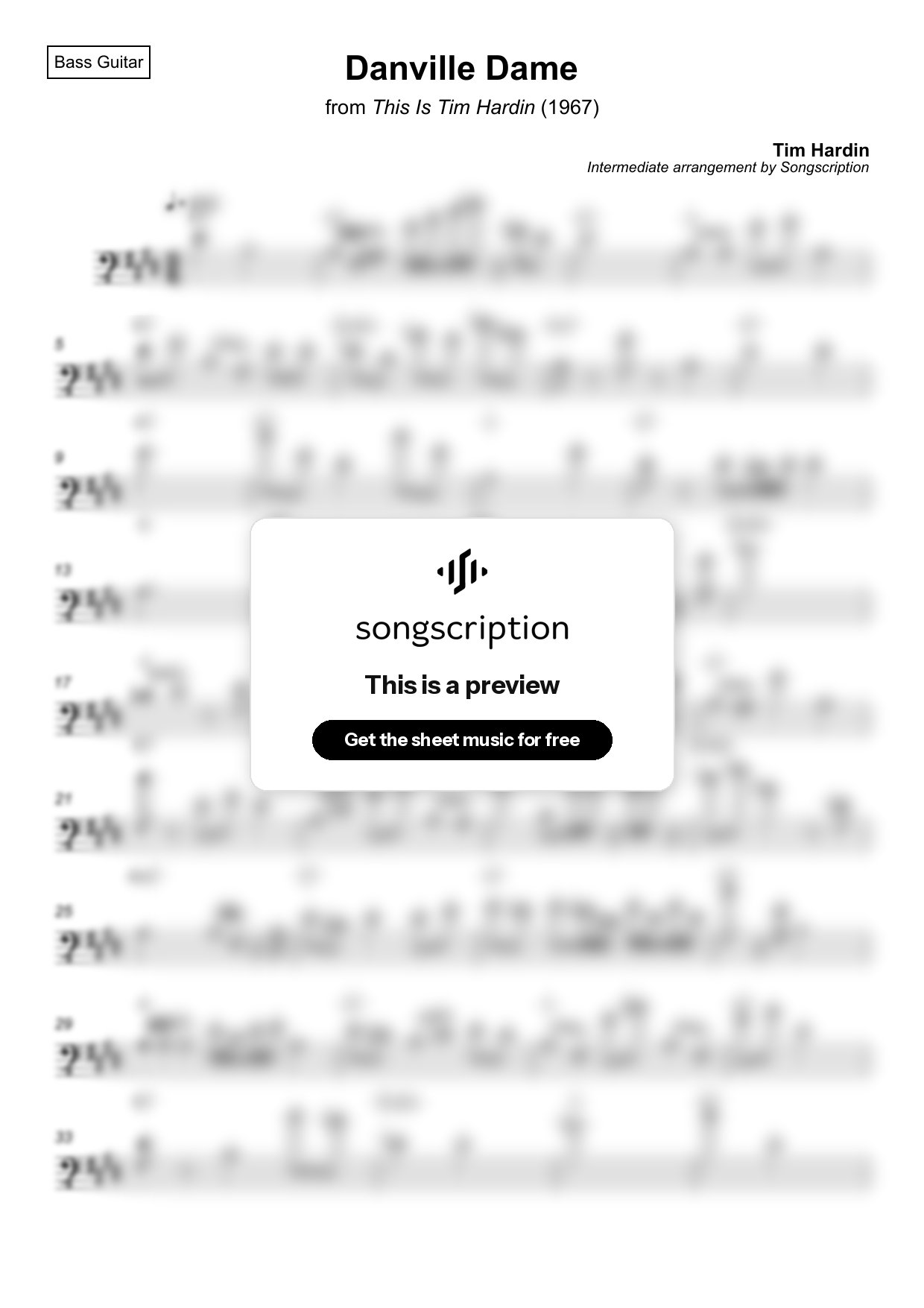 Intermediate Bass Guitar Sheet Music for "Danville Dame" by Tim Hardin