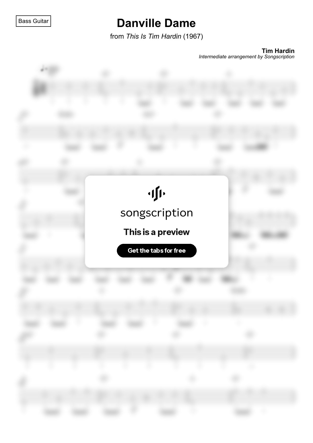 Intermediate Bass Guitar Tabs for "Danville Dame" by Tim Hardin