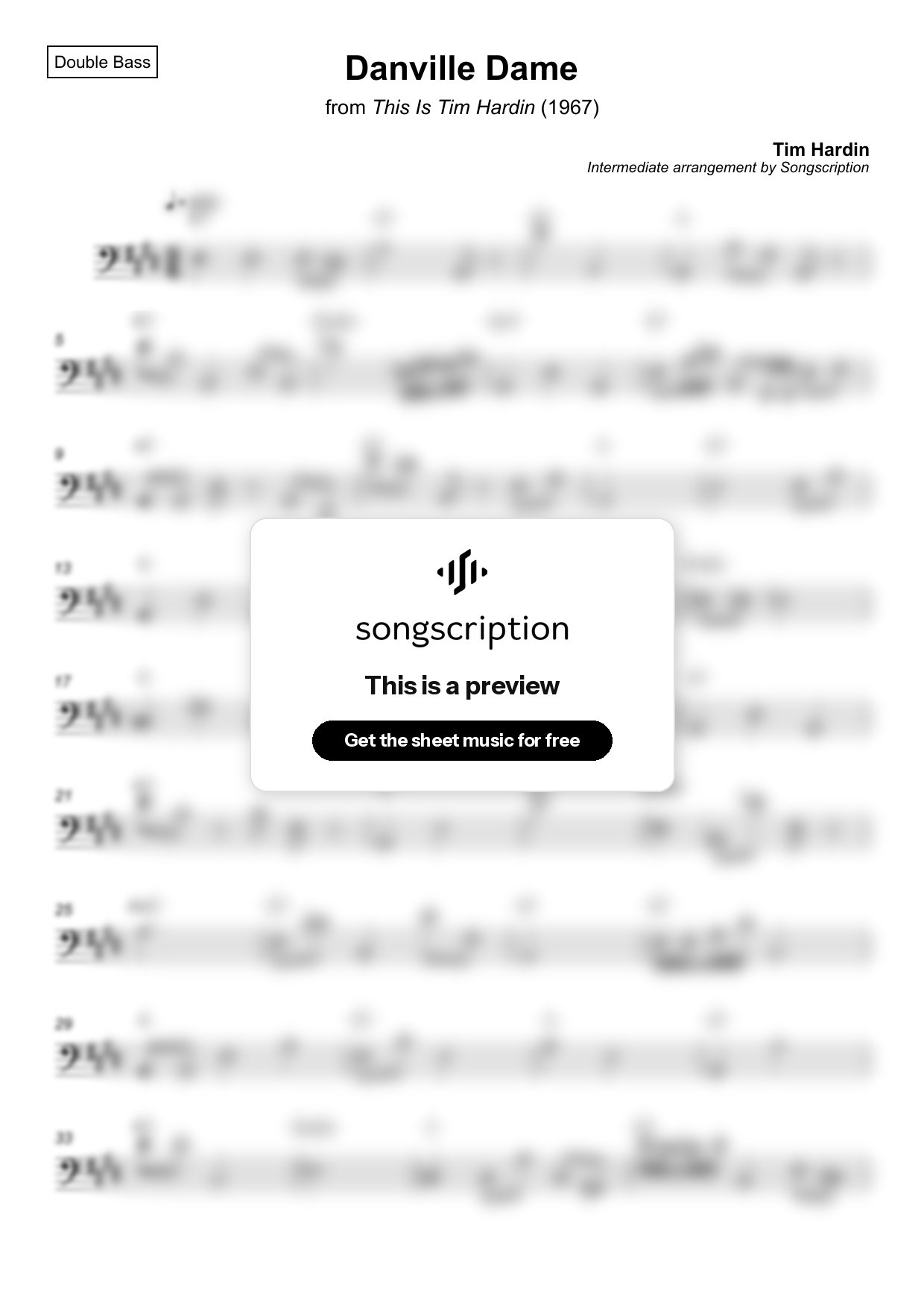 Intermediate Double Bass Sheet Music for "Danville Dame" by Tim Hardin
