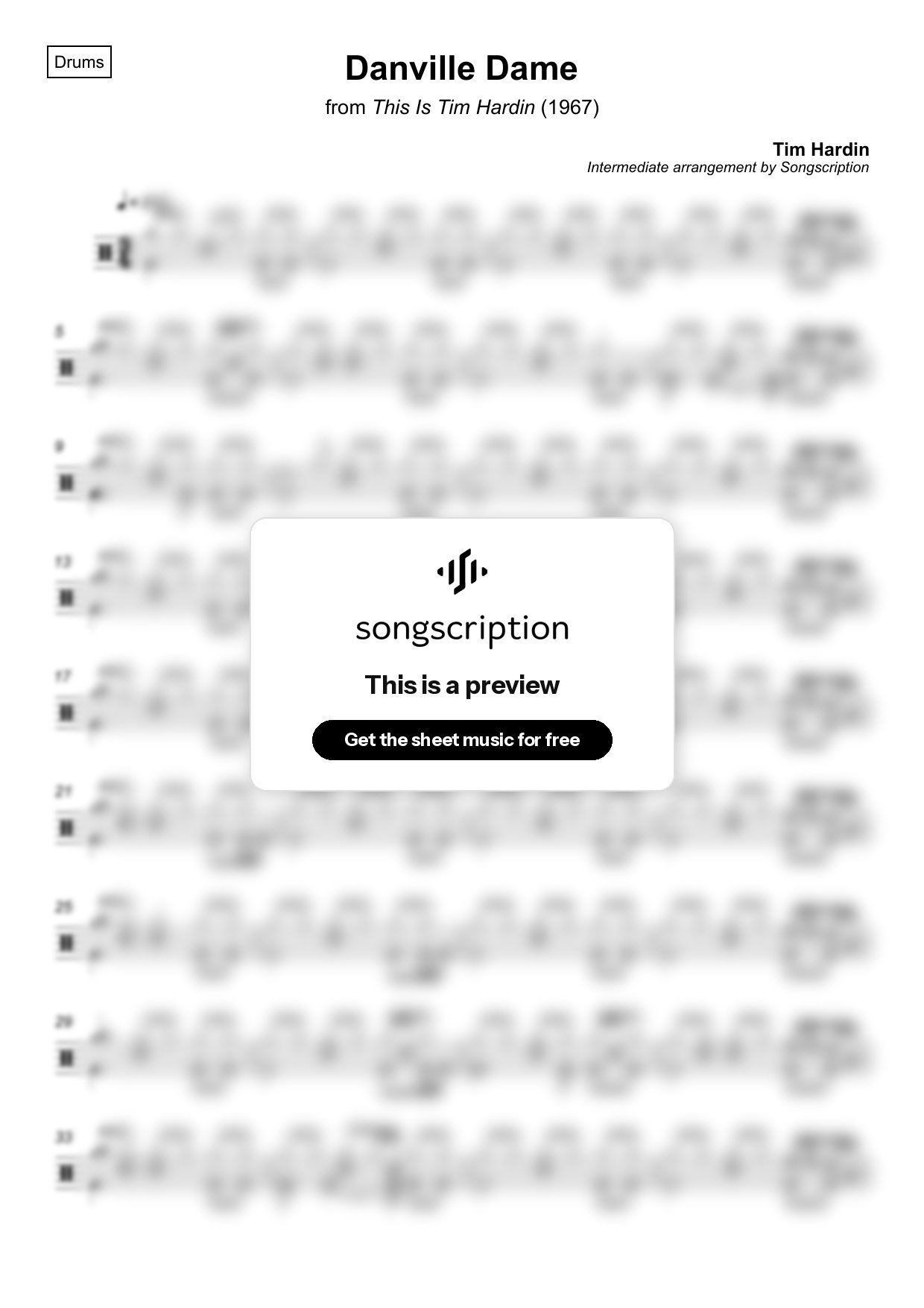 Intermediate Drums Sheet Music for "Danville Dame" by Tim Hardin