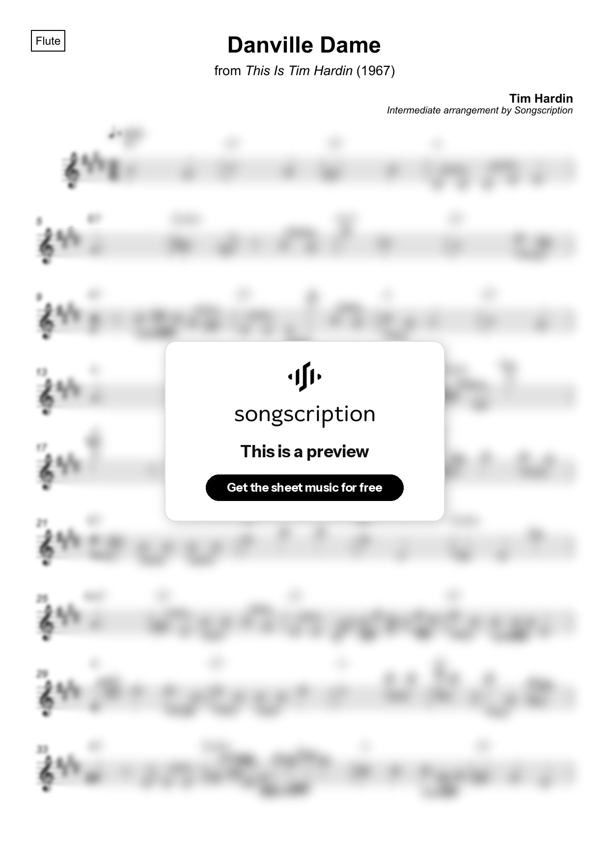 Intermediate Flute Sheet Music for "Danville Dame" by Tim Hardin