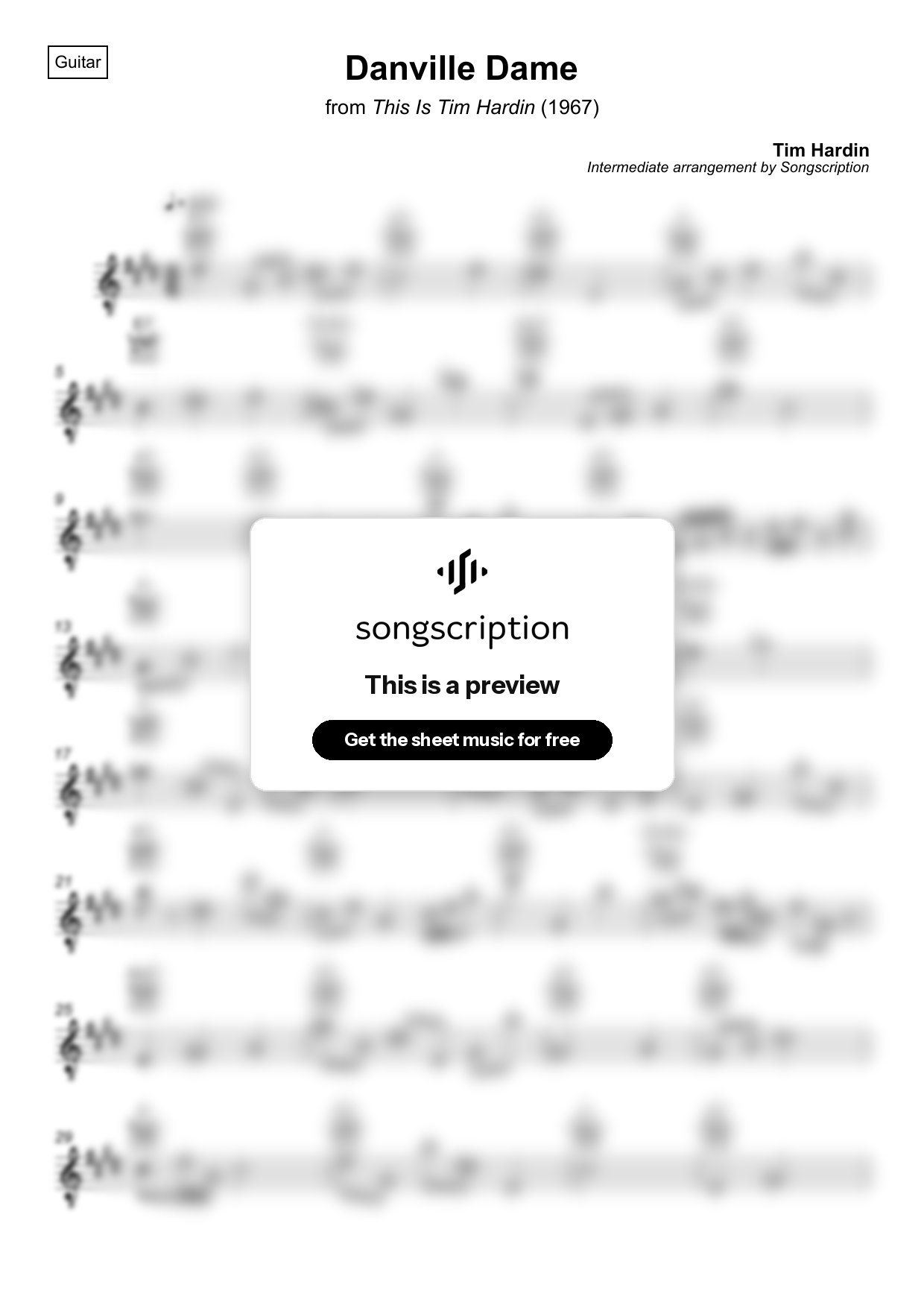 Intermediate Acoustic Guitar Sheet Music for "Danville Dame" by Tim Hardin