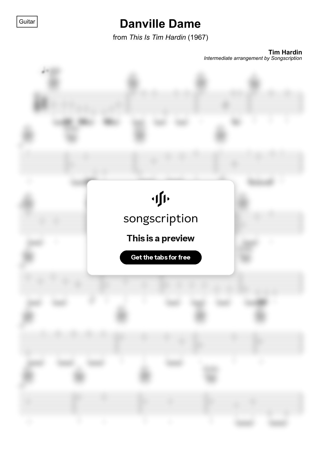 Intermediate Acoustic Guitar Tabs for "Danville Dame" by Tim Hardin