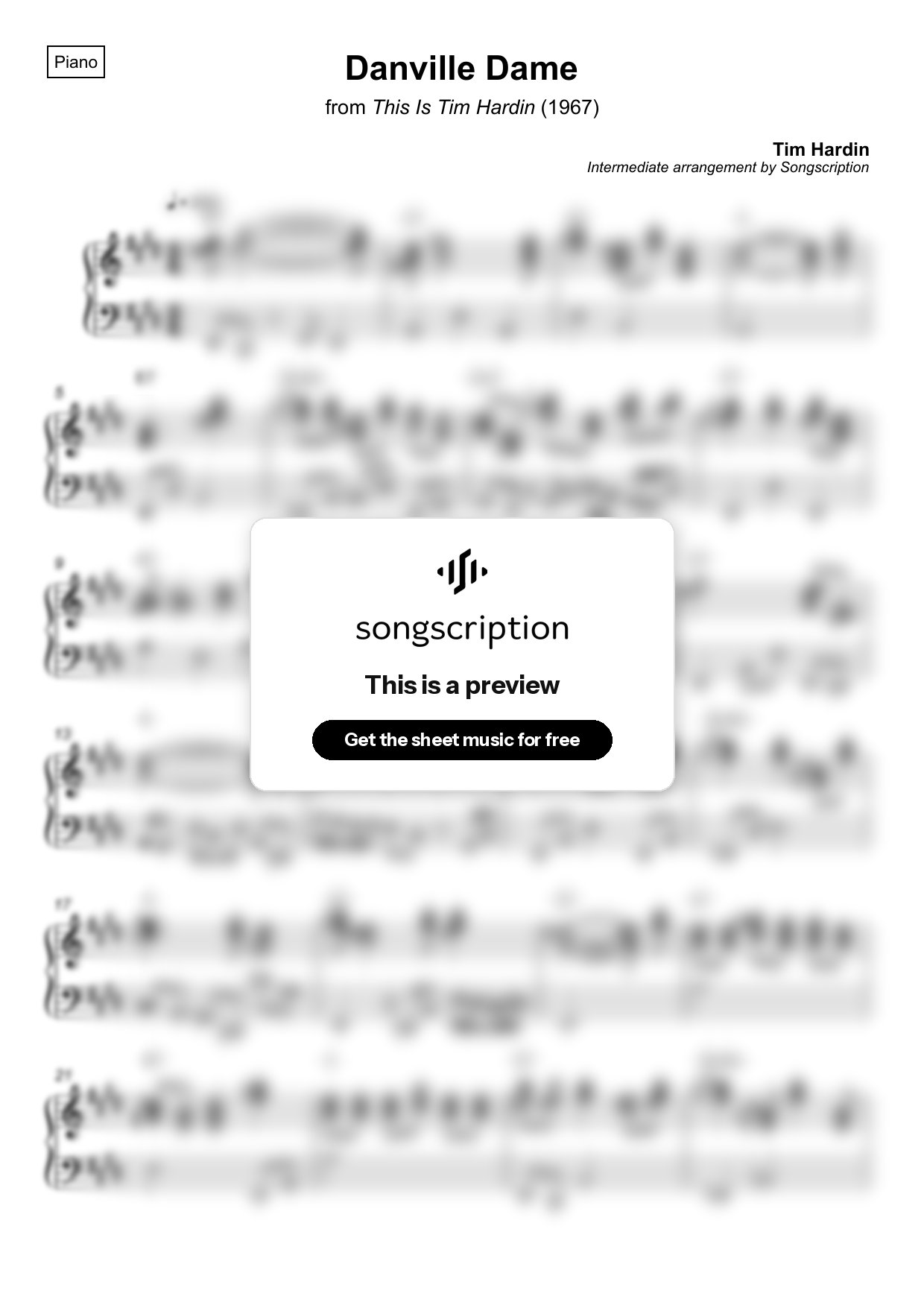 Intermediate Piano Sheet Music for "Danville Dame" by Tim Hardin