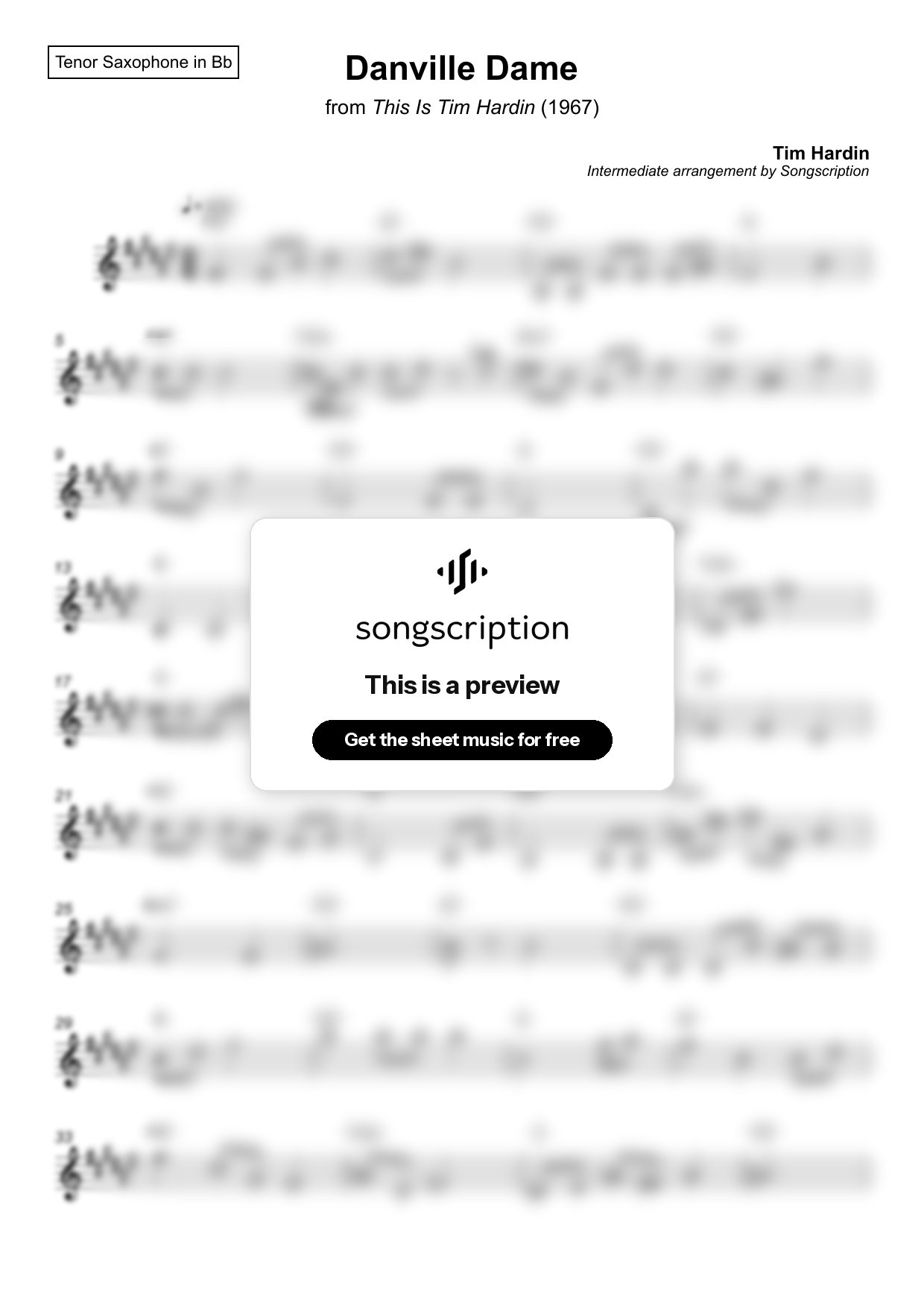 Intermediate Tenor Sax Sheet Music for "Danville Dame" by Tim Hardin