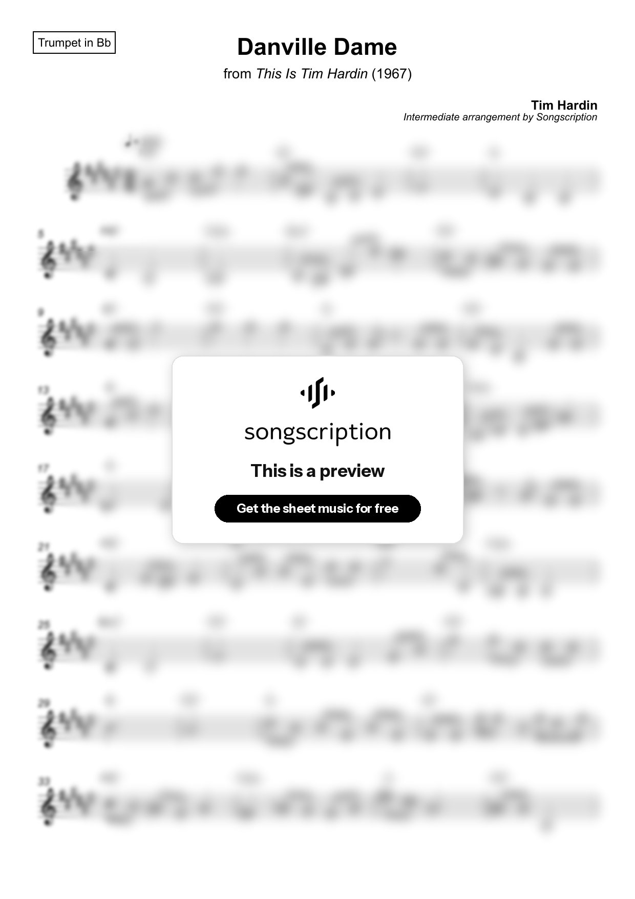 Intermediate Trumpet Sheet Music for "Danville Dame" by Tim Hardin