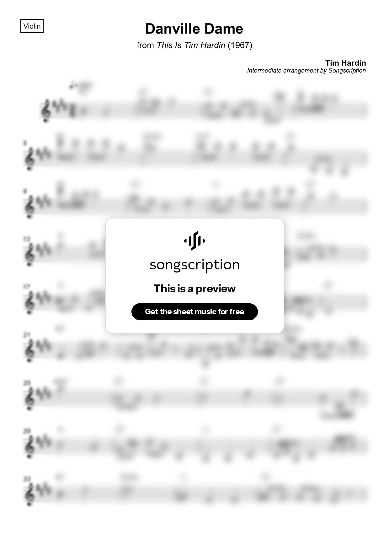 Intermediate Violin Sheet Music for "Danville Dame" by Tim Hardin
