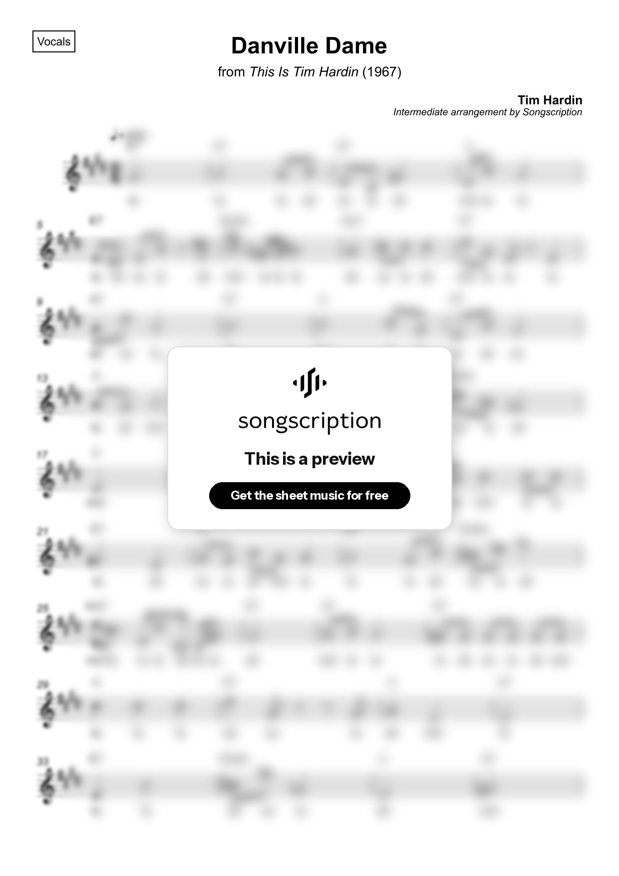 Intermediate Vocals Sheet Music for "Danville Dame" by Tim Hardin
