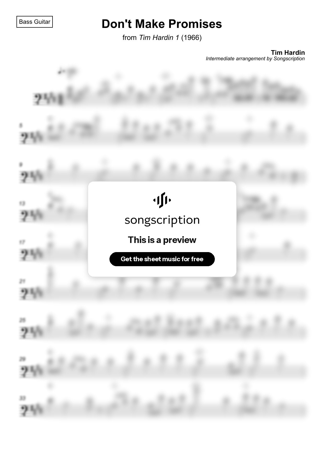 Intermediate Bass Guitar Sheet Music for "Don't Make Promises" by Tim Hardin