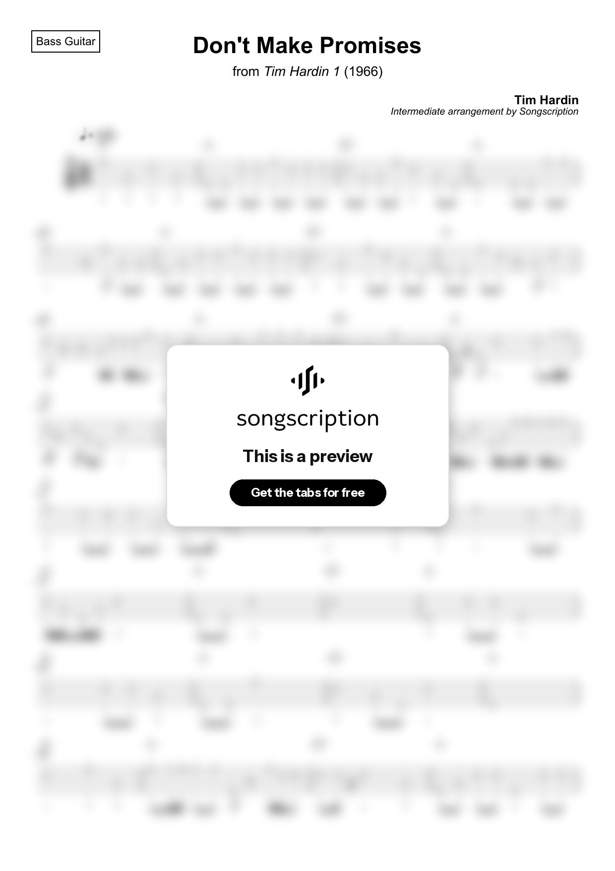Intermediate Bass Guitar Tabs for "Don't Make Promises" by Tim Hardin