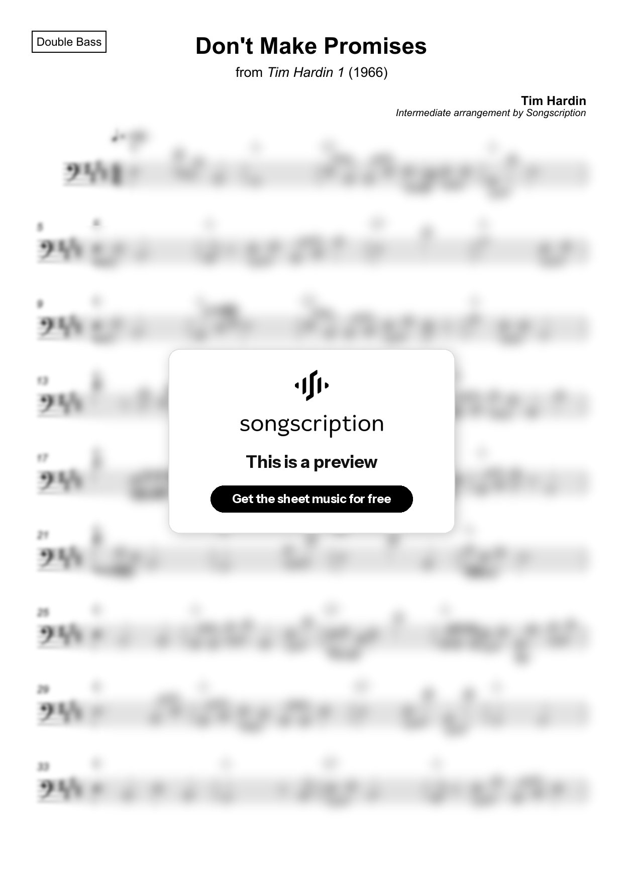 Intermediate Double Bass Sheet Music for "Don't Make Promises" by Tim Hardin