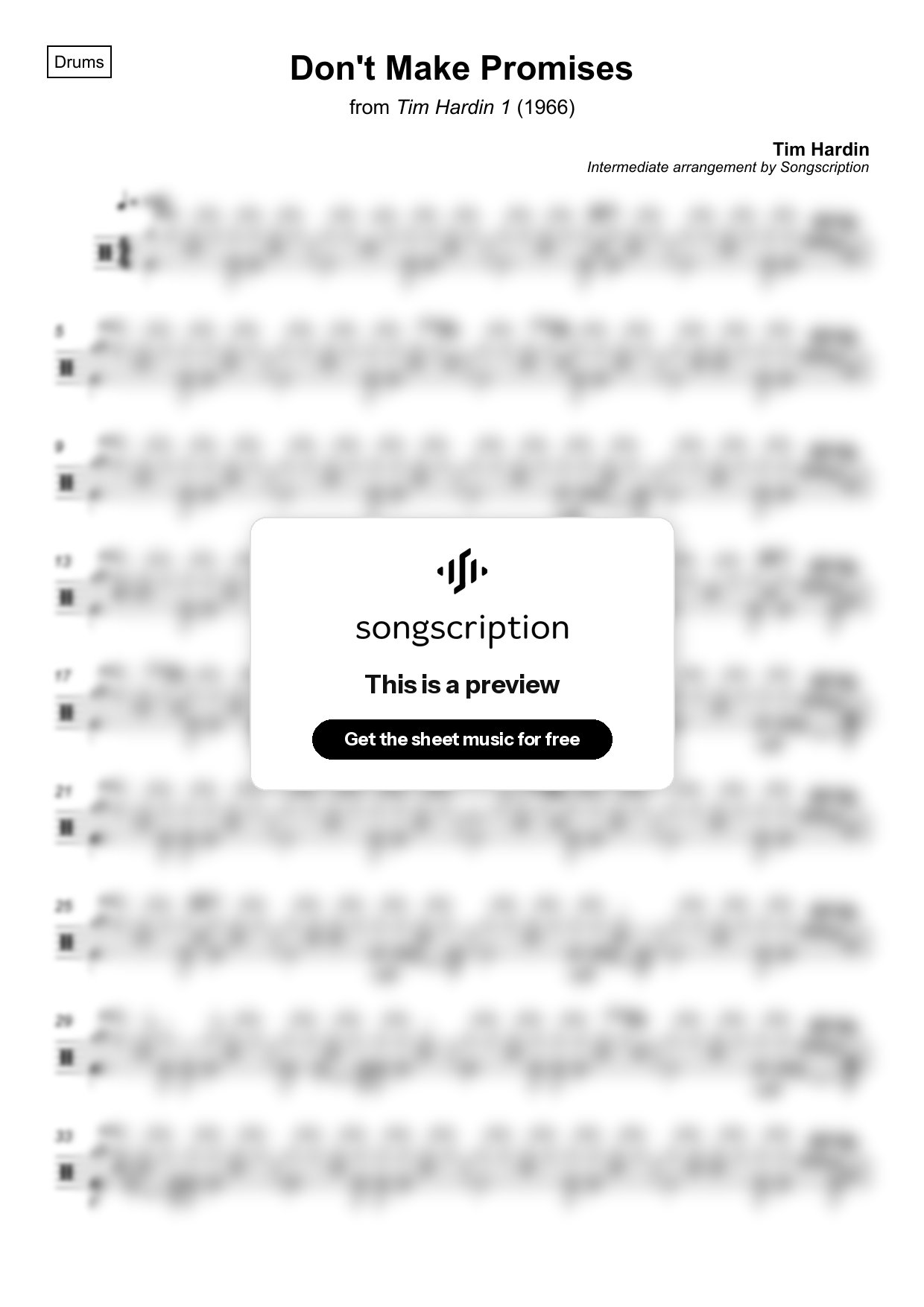 Intermediate Drums Sheet Music for "Don't Make Promises" by Tim Hardin