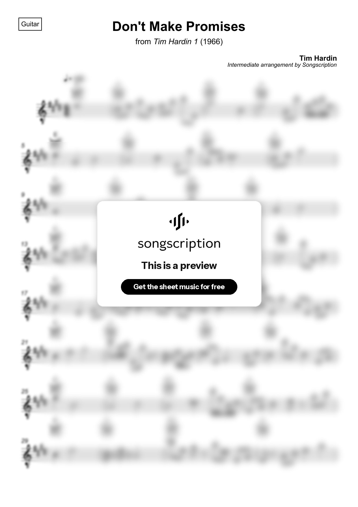 Intermediate Acoustic Guitar Sheet Music for "Don't Make Promises" by Tim Hardin
