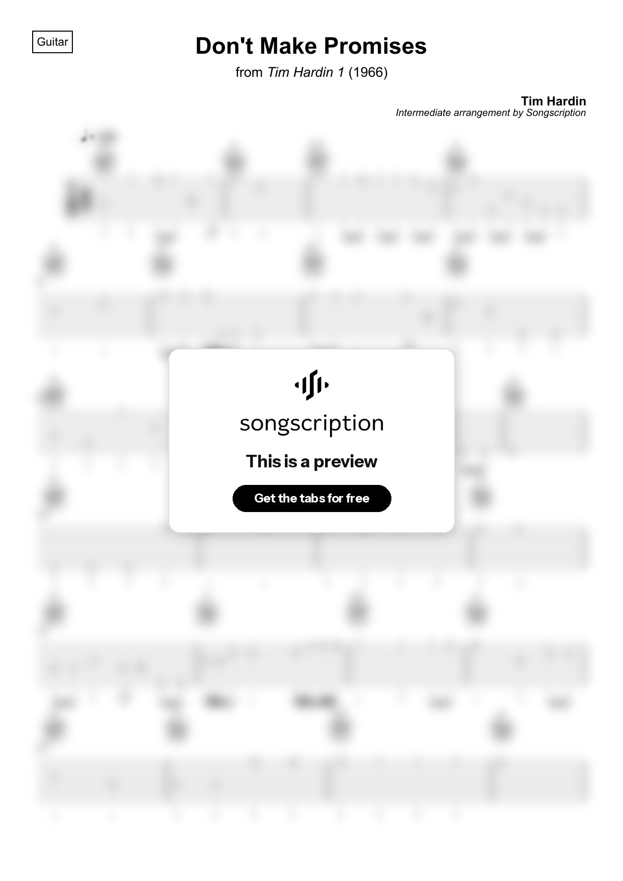 Intermediate Acoustic Guitar Tabs for "Don't Make Promises" by Tim Hardin