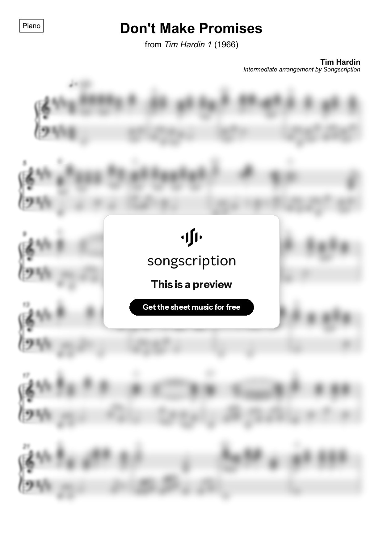 Intermediate Piano Sheet Music for "Don't Make Promises" by Tim Hardin