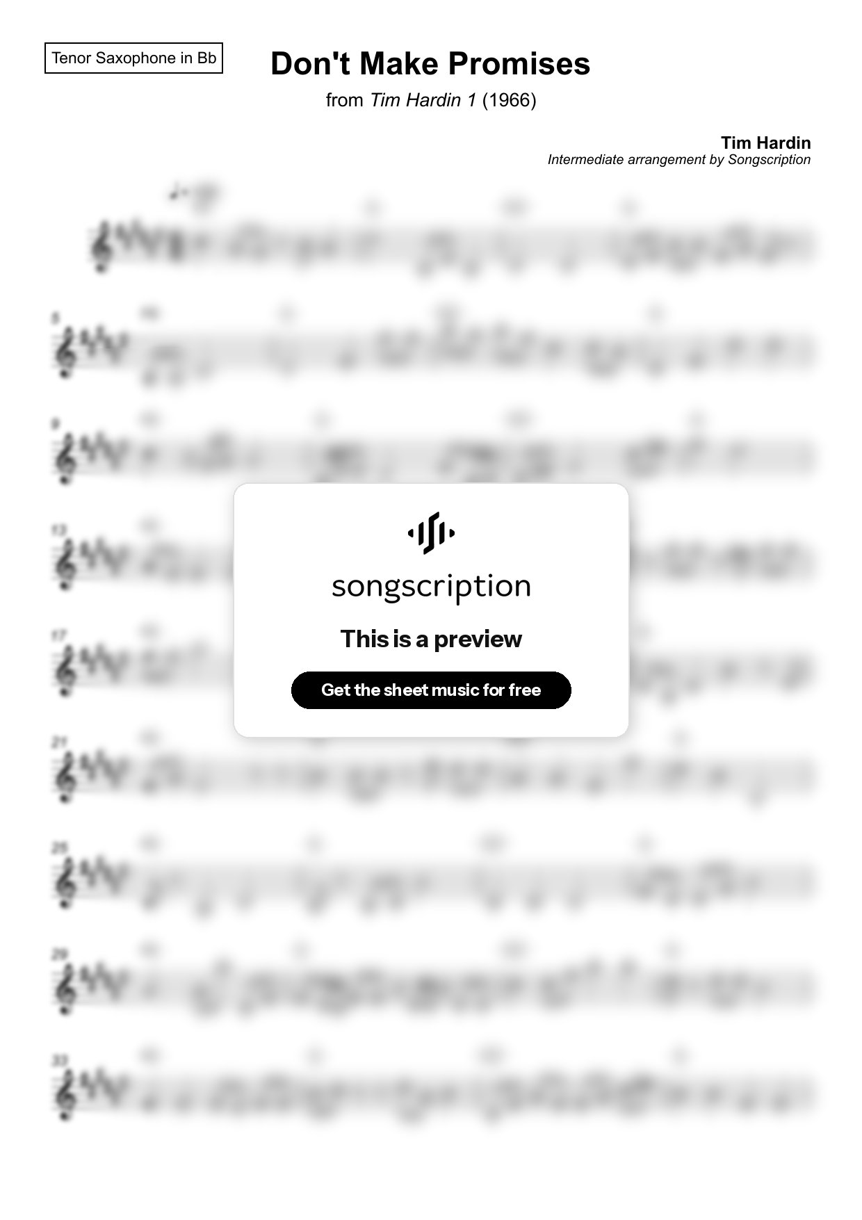 Intermediate Tenor Sax Sheet Music for "Don't Make Promises" by Tim Hardin