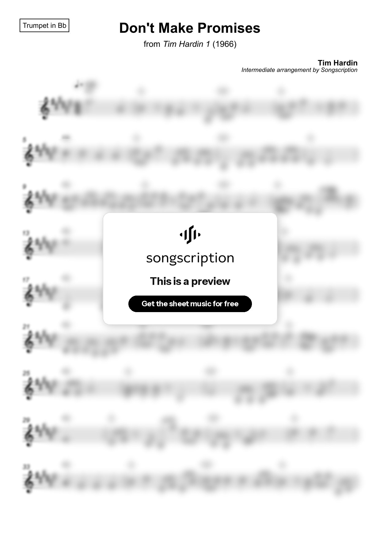 Intermediate Trumpet Sheet Music for "Don't Make Promises" by Tim Hardin
