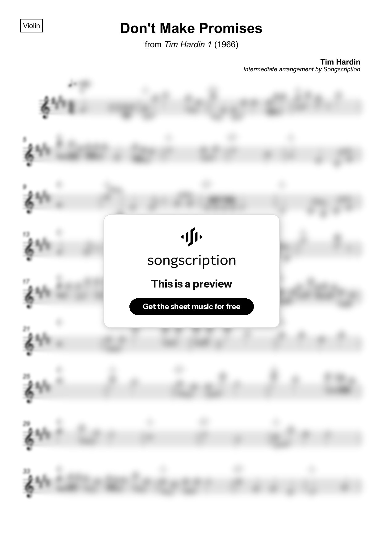 Intermediate Violin Sheet Music for "Don't Make Promises" by Tim Hardin
