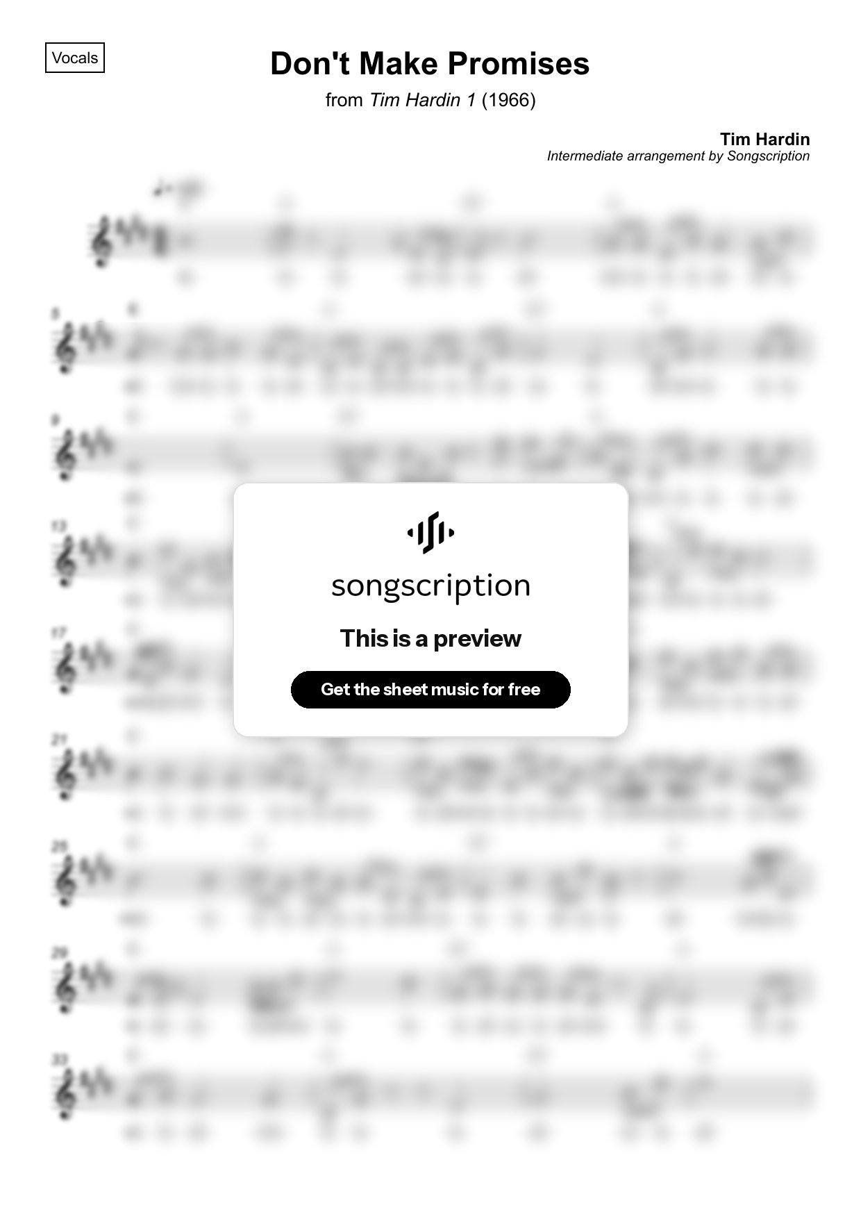 Intermediate Vocals Sheet Music for "Don't Make Promises" by Tim Hardin