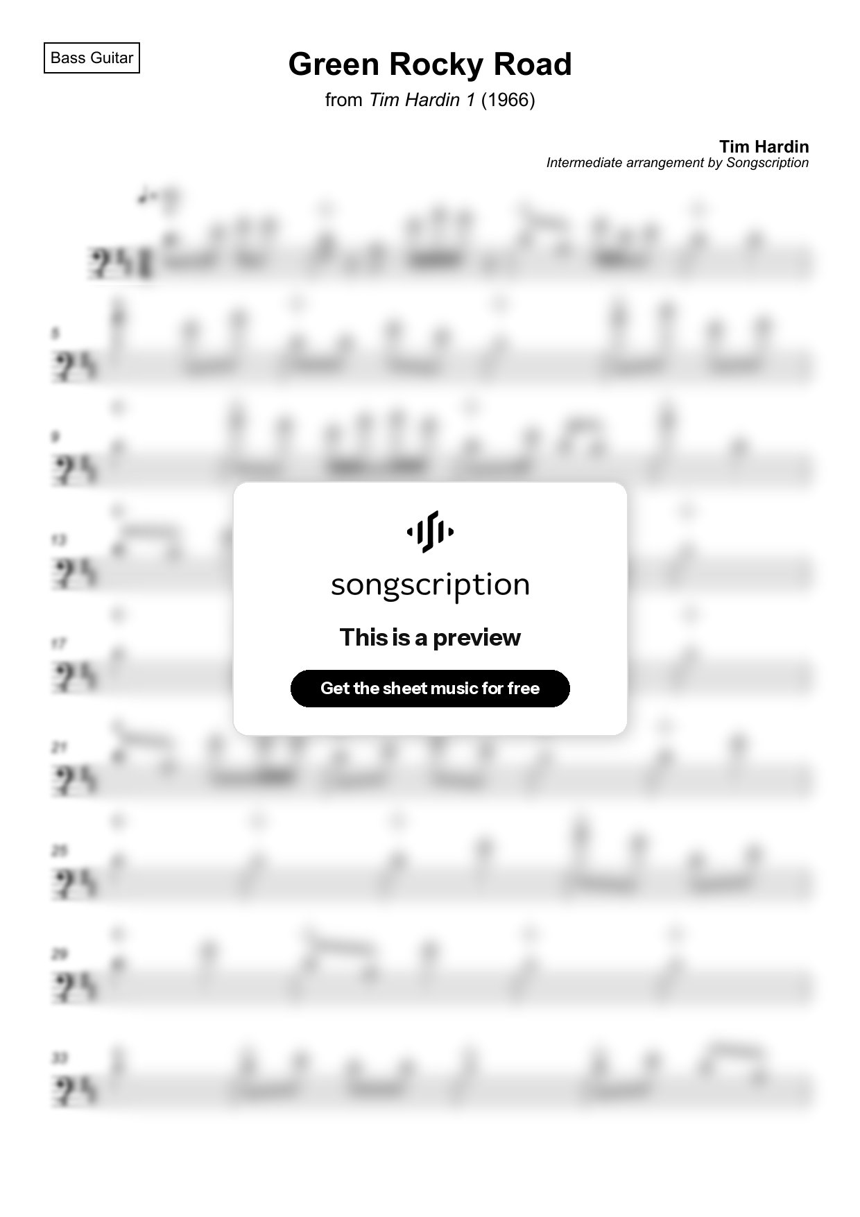 Intermediate Bass Guitar Sheet Music for "Green Rocky Road" by Tim Hardin