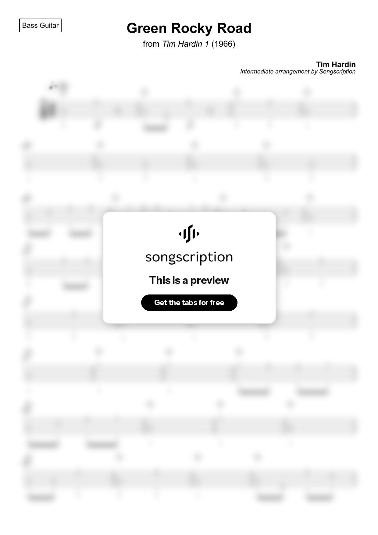 Intermediate Bass Guitar Tabs for "Green Rocky Road" by Tim Hardin