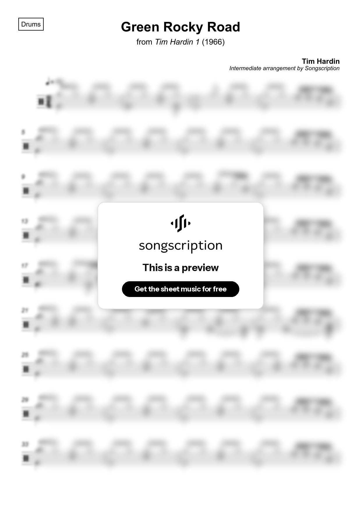Intermediate Drums Sheet Music for "Green Rocky Road" by Tim Hardin