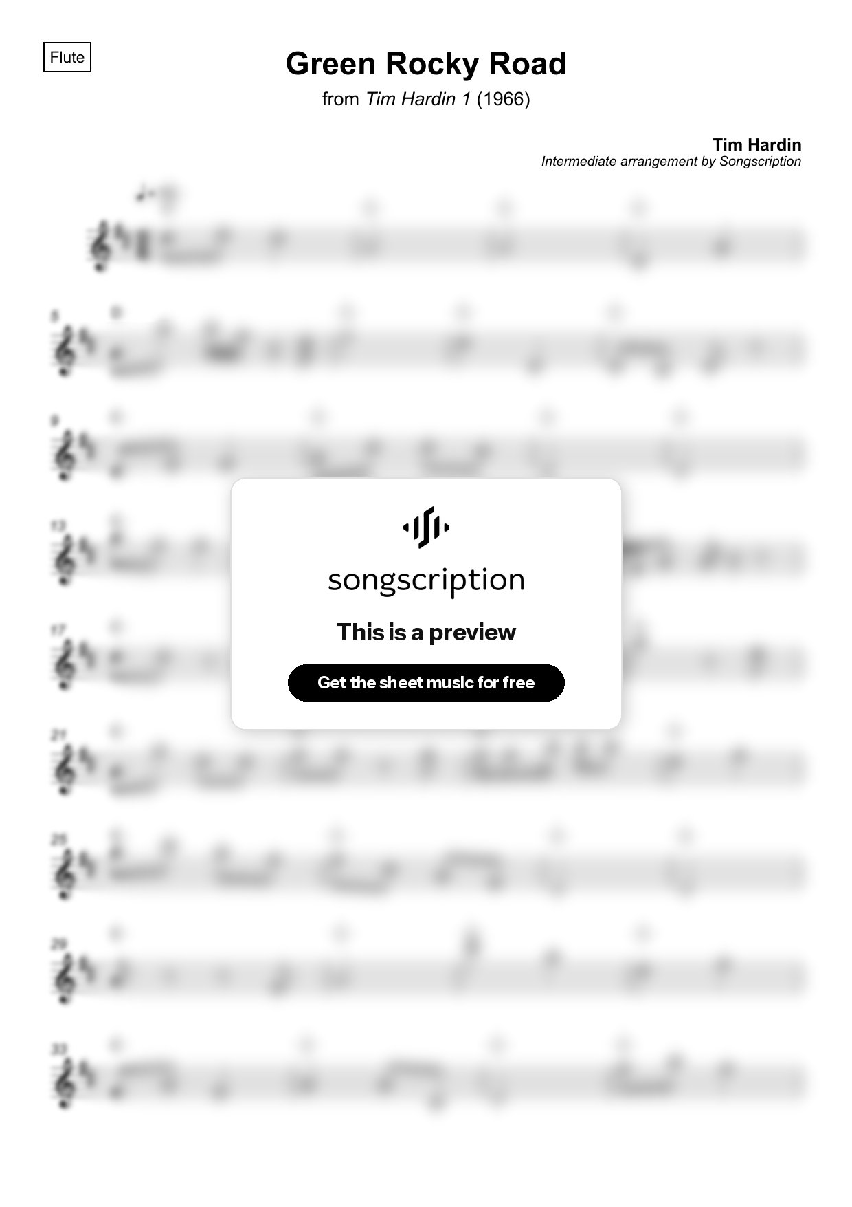 Intermediate Flute Sheet Music for "Green Rocky Road" by Tim Hardin