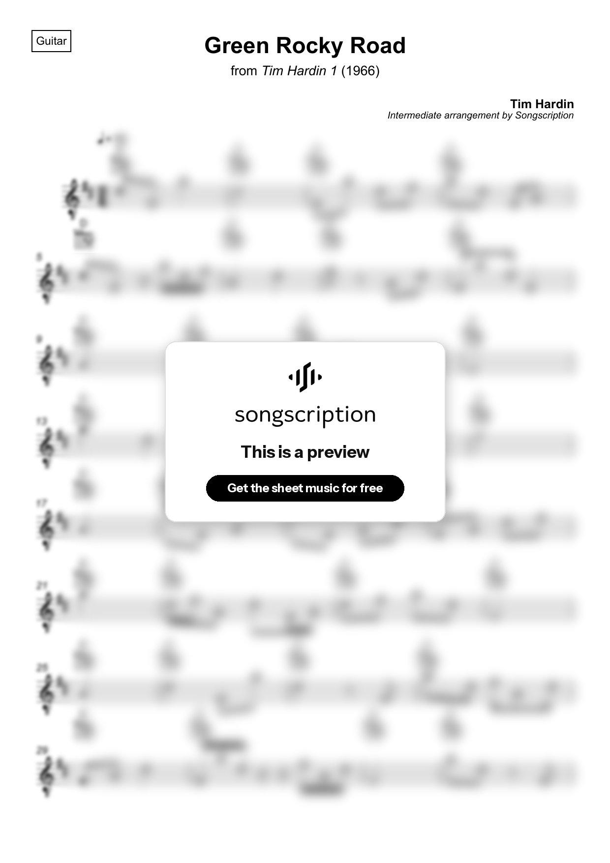 Intermediate Acoustic Guitar Sheet Music for "Green Rocky Road" by Tim Hardin