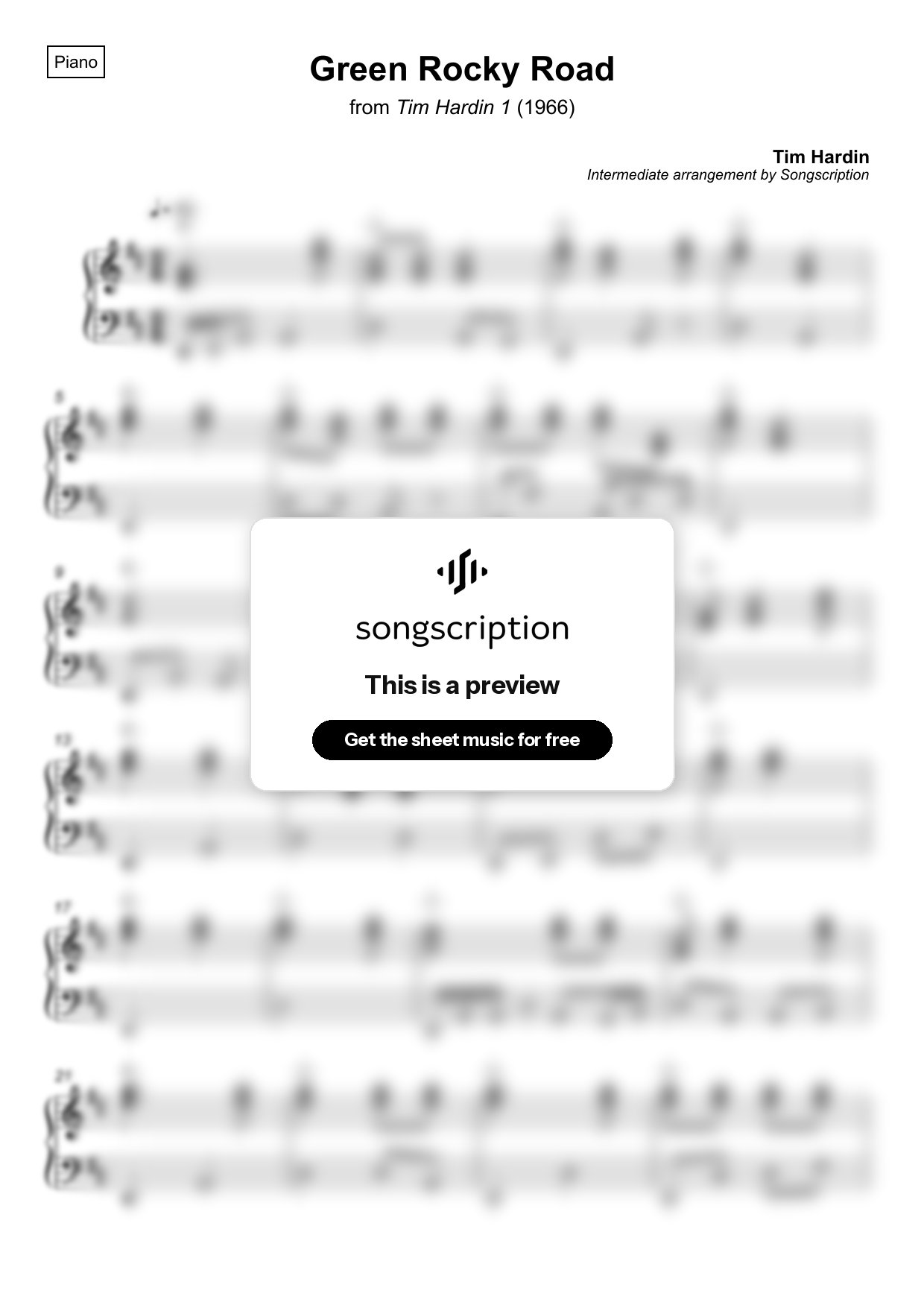 Intermediate Piano Sheet Music for "Green Rocky Road" by Tim Hardin