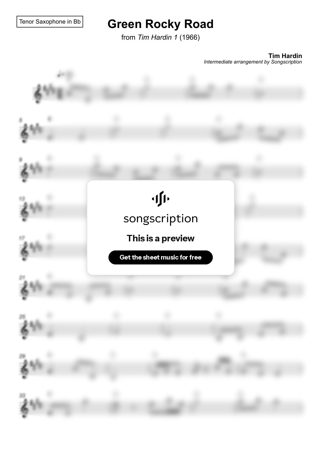 Intermediate Tenor Sax Sheet Music for "Green Rocky Road" by Tim Hardin