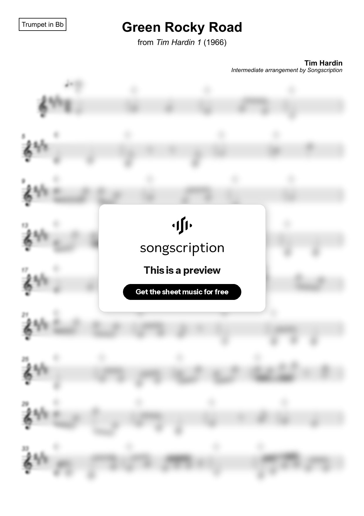 Intermediate Trumpet Sheet Music for "Green Rocky Road" by Tim Hardin
