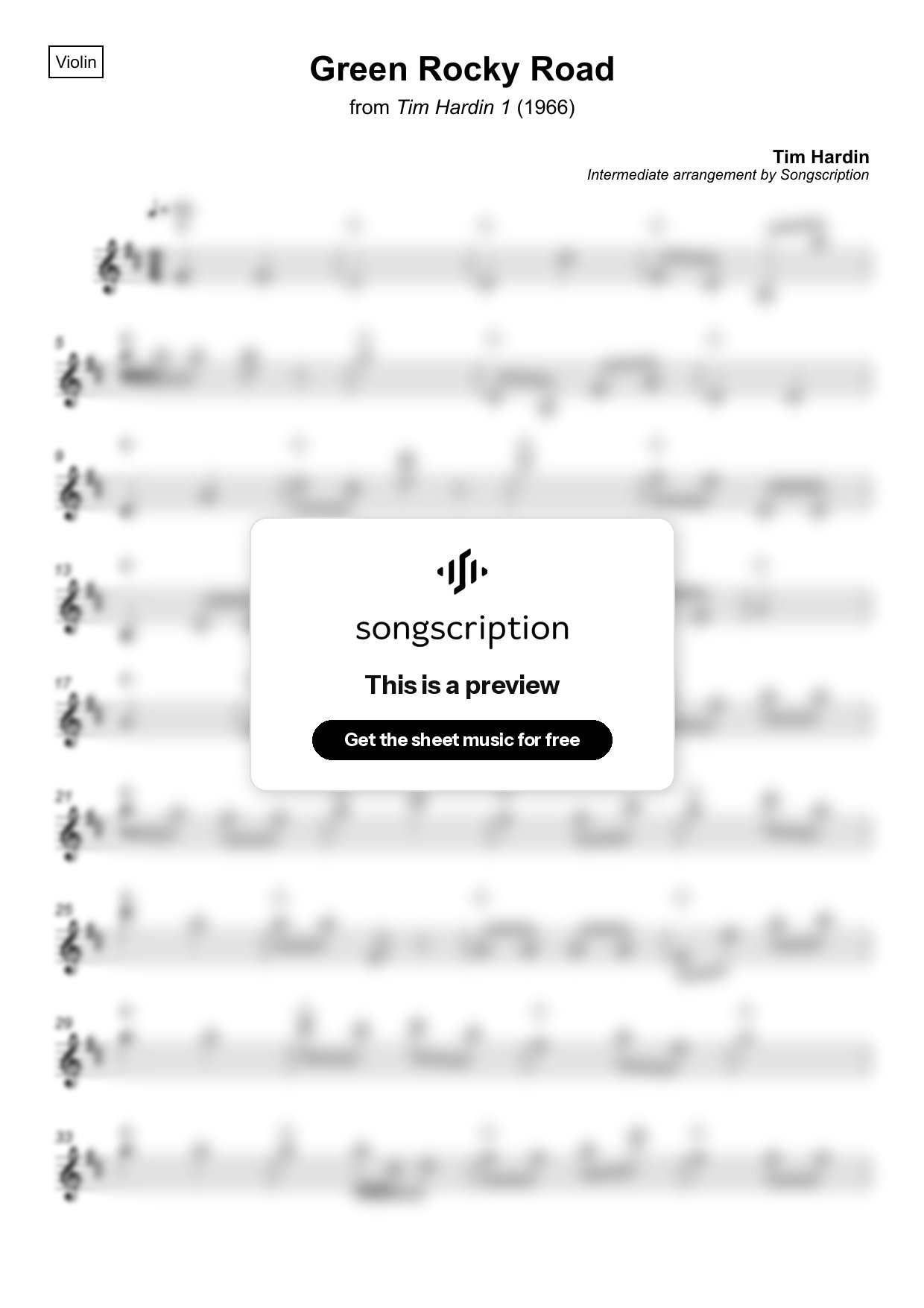 Intermediate Violin Sheet Music for "Green Rocky Road" by Tim Hardin
