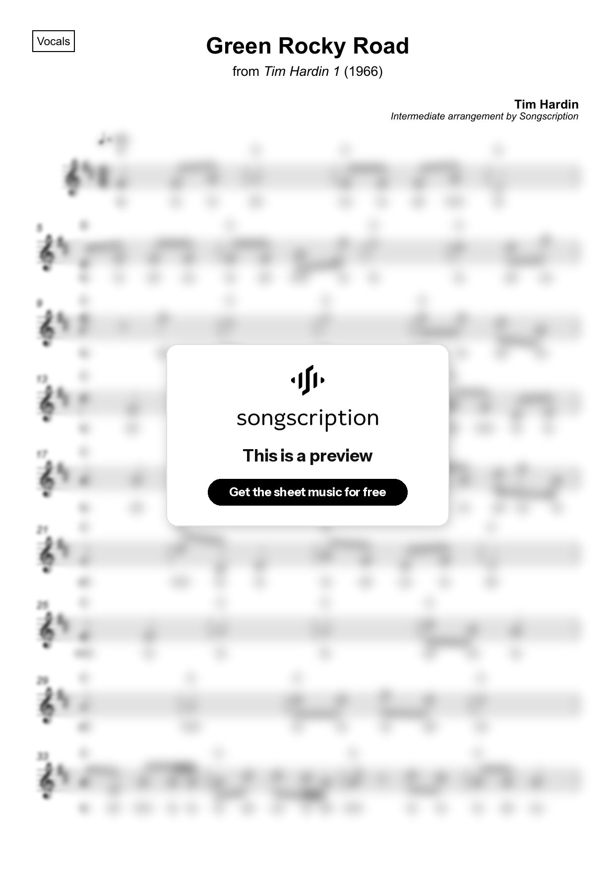 Intermediate Vocals Sheet Music for "Green Rocky Road" by Tim Hardin