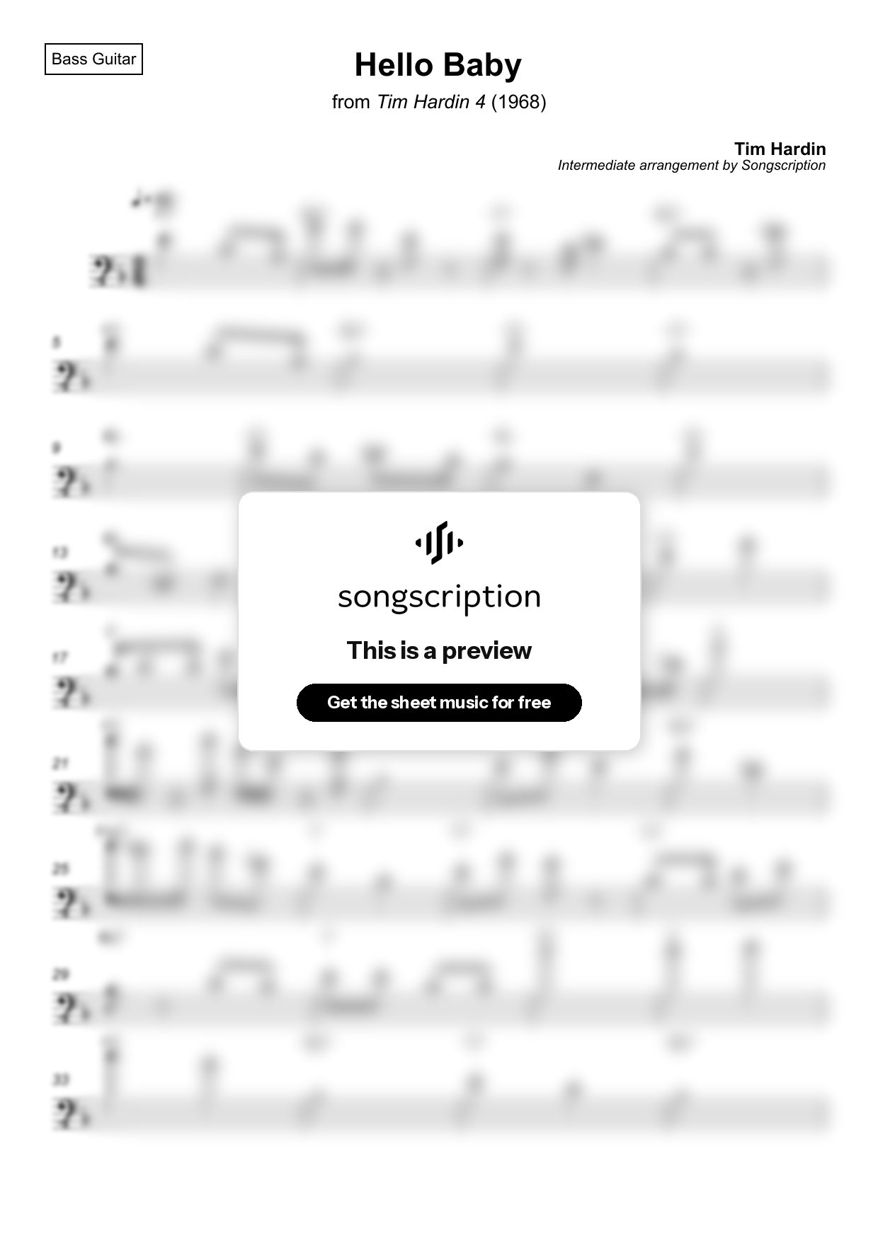 Intermediate Bass Guitar Sheet Music for "Hello Baby" by Tim Hardin