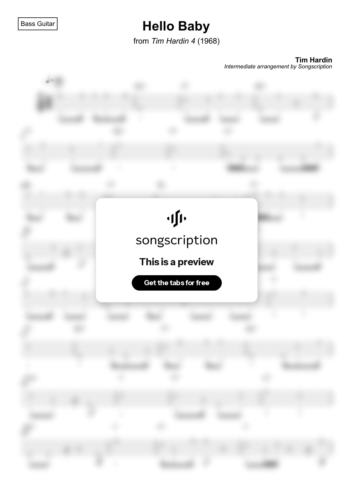Intermediate Bass Guitar Tabs for "Hello Baby" by Tim Hardin